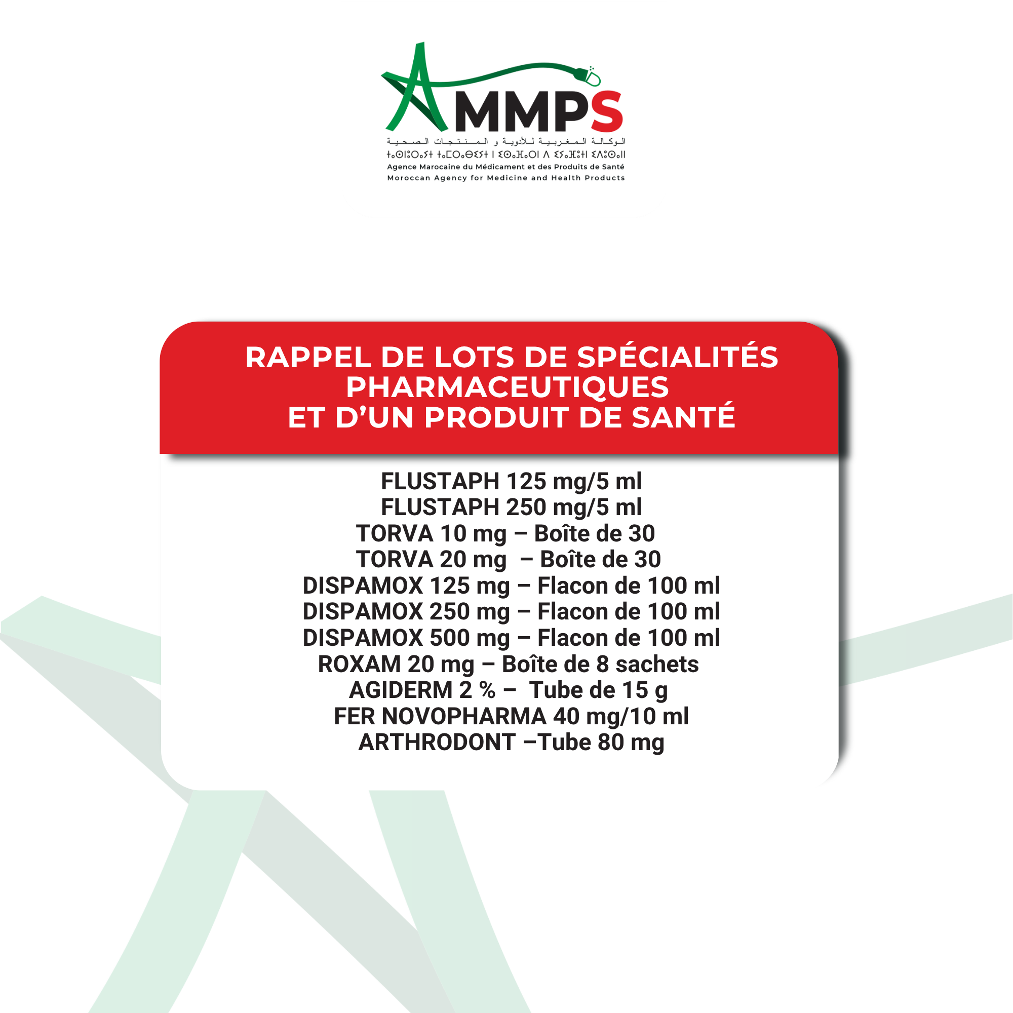 Rappel de Lots de Spécialités Pharmaceutiques et d'un Produit de Santé