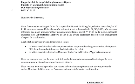 RAPPEL DE LOT PIPORTIL L4 25mg/ML solution injectable; DCI: Pipotiazine palmitate ; Lot N° P115