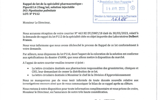 RAPPEL DE LOT PIPORTIL L4 25mg/ML solution injectable; DCI: Pipotiazine palmitate ; Lot N° P112
