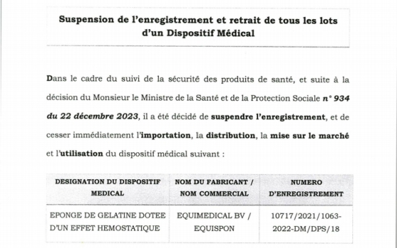 Suspension de l'enregistrement et retrait de tous les lots d'un dispositif médical