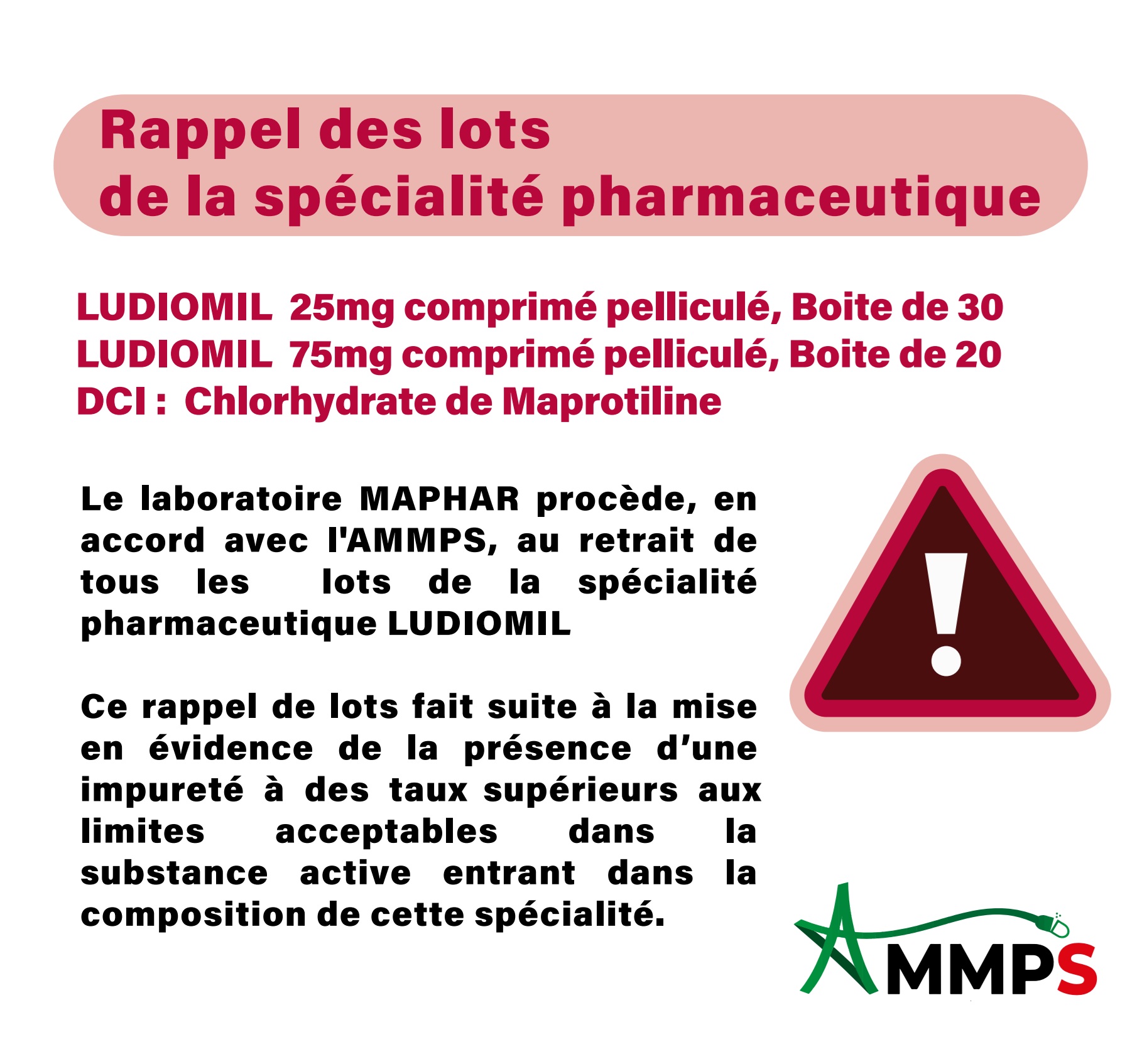 Rappel des lots de la spécialité pharmaceutique : LUDIOMIL 25mg comprimé pelliculé, Boite de 30/LUDIOMIL 75mg comprimé pelliculé, Boite de 20 /DCI : Chlorhydrate de Maprotiline